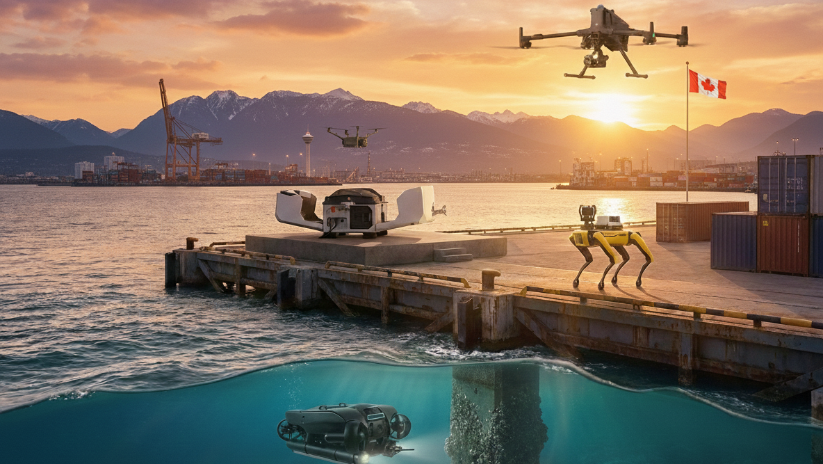 Dock scene with robots, a drone, and a sunset over water and mountains.