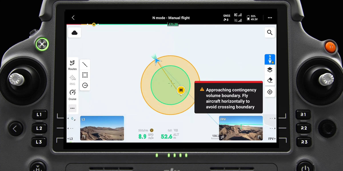 DJI Pilot 2 remote controller UI showing geocage contingency volume boundary alert used with the AP100 Parachute