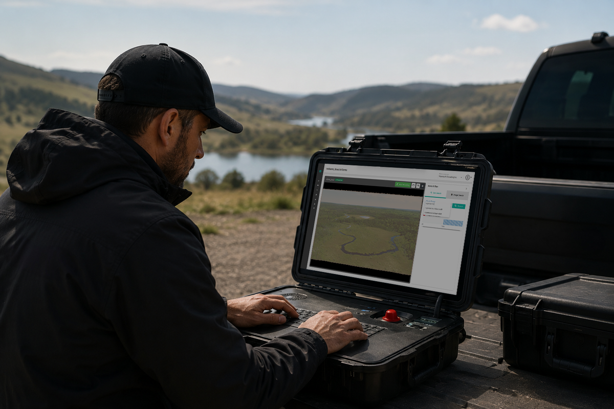Operator using FACES2 AI Scout at a vehicle tailgate in the field — official manufacturer image